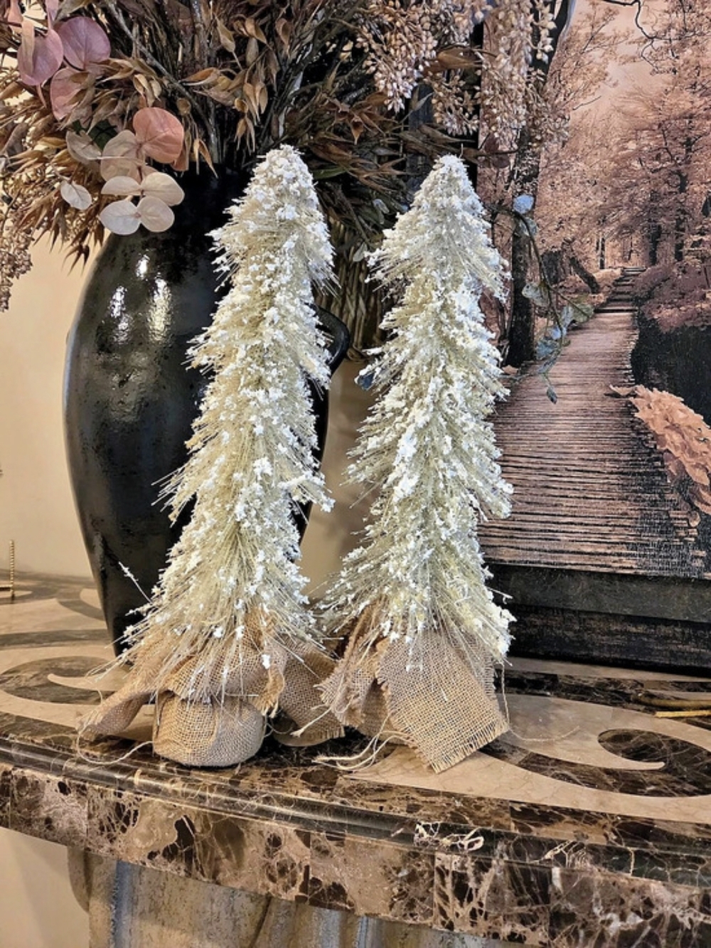 Set of 2 Flocked Christmas Bottle Brush Trees